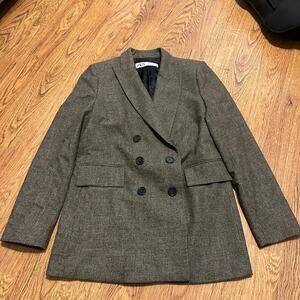 Zara brown plaid lined casual shoulder pads blazer jacket size medium career